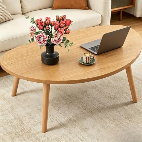 Coffee Table, 31.5" Low Coffee Tables with Solid Wood Legs Kidney Natural