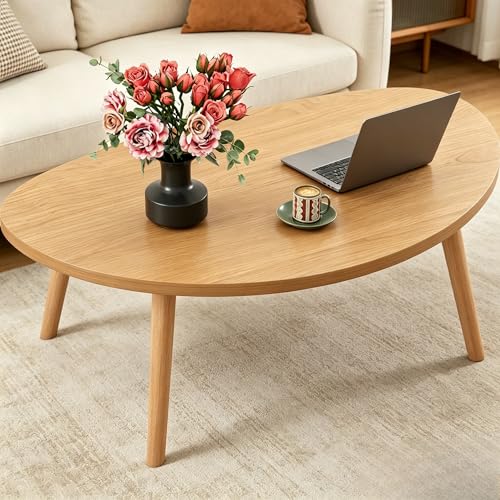 Coffee Table, 31.5' Low Coffee Tables with Solid Wood Legs Kidney Natural