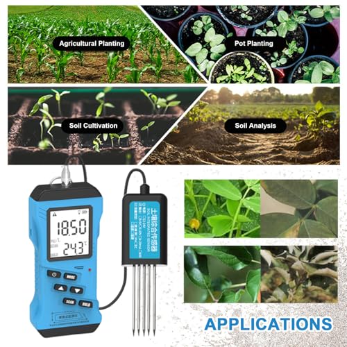 Medidor de pH y humedad del suelo, herramienta de análisis 5 en 1 para nutrientes, CE, temperatura y humedad con pantalla LCD retroiluminada para uso en exteriores