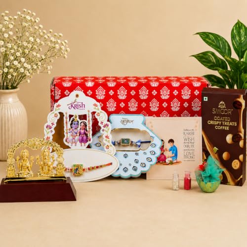 Image of Giftana Rakhi Gift Set for Brother & Bhabhi, Radha Krishna Rakhi, Evil Eye Rakhi, Ganesh Ji & Laxmi Ji Idol, Greeting Card Set, Raksha Bandhan Gift Combo for Bhaiya Bhabhi