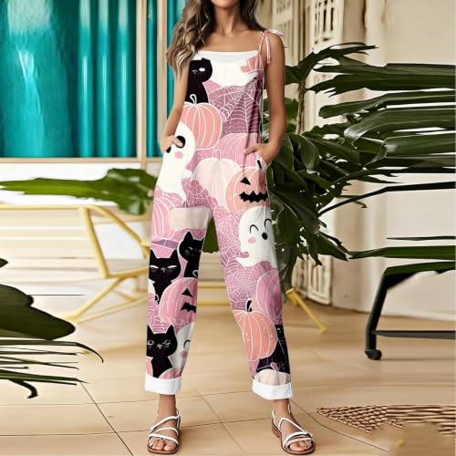 Qaezyco Halloween Jumpsuit Women,Halloween Jumpsuit Women One Piece Sleeveless Wide Leg Cat Pumpkin Print Overalls Fall Work Party Holiday Rompers(02_Pink,Medium) - image 2