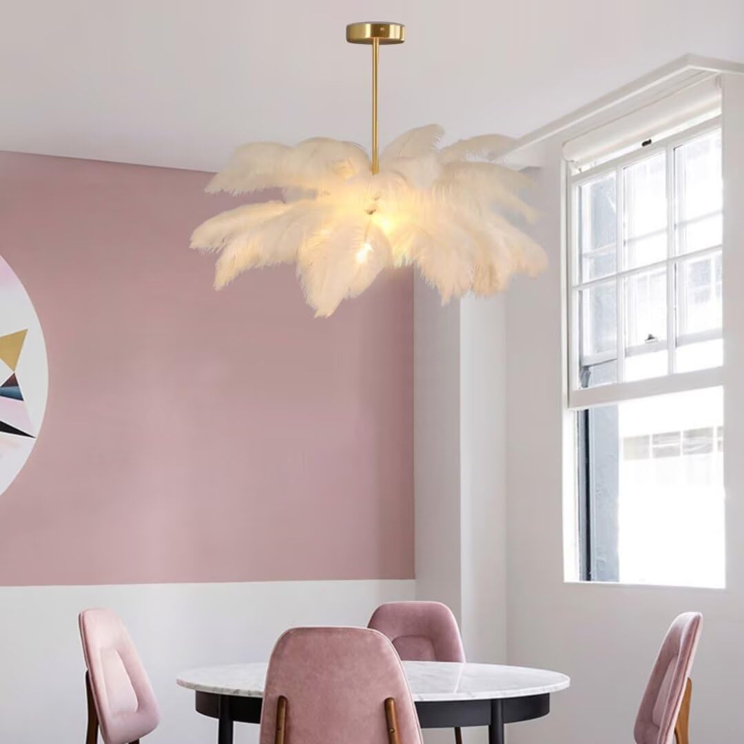 Weiße Straußenfeder-Pendelleuchte Feder-Deckenleuchte Feder-Lampenschirm Kronleuchter Feder-Pendellampe Deckenlampe Deckenbeleuchtung für Schlafzimmer, Wohnzimmer