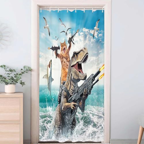Image of Cat Dinosaur Shower Curtains for Boys, Funny Animal Riding Dino Fighting on Blue Ocean Shower Curtain Sets with Hooks, Hilarious Kids Men Cool Bathroom Set Accessories Decor Beach Theme Curtains