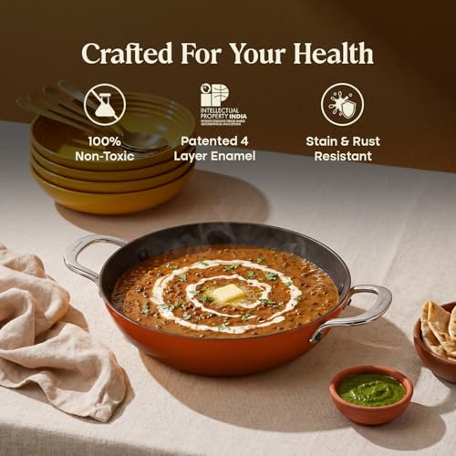 Image of CUMIN CO. Enamel Cast Iron Kadai LITE | 5.5L, 32 cm | 5 Years Warranty | Non Toxic Heavy Bottom Kadhai for Frying | Induction & Gas Compatible | Chemical Free Coating | Color: Rust