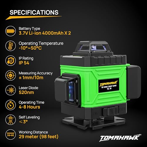 Image of TOMAHAWK 16 Lines Green Laser Level Pro, 4x360 4D Green Cross Line Professional Laser for Construction with Two 360 Vertical /Horizontal Level Pulse Mode and Remote Controller Laser Level Machine
