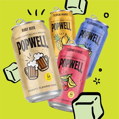 Image of Popwell Root Beer Better-For-You Prebiotic Soda, with 6g Fiber, 1g Sugar, Vitamins and Immunity Support, 12 fl oz Cans (pack of 12)
