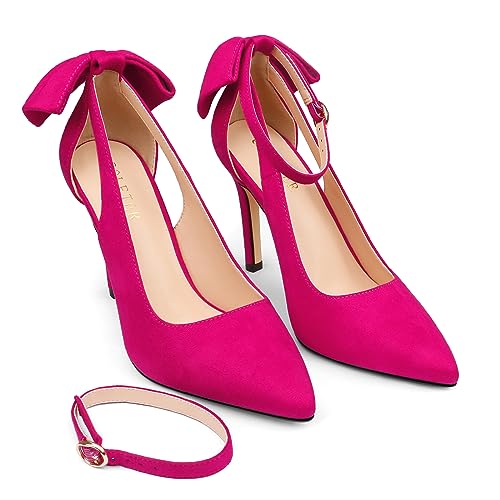 Image of COLETER Womens Back Bow D'Orsay Pumps Pointed Toe Ankle Strap Wedding Heels | 4 Inch Stiletto Heels, Adjustable Ankle Strap, Back Bow Pumps, Formal Evening Bridal Shoes