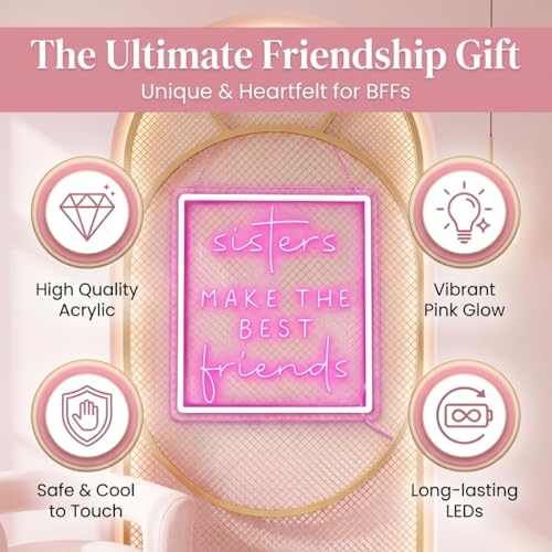 Image of Sisters Make The Best Friends Neon Sign, Pink Led Wall Decor for Bedroom, Gift for Sister, Best Friend, BFF, USB Dimmable Aesthetic Room Decor for Girls, Unique Friendship Gift (13.8 inchx12.4 inch)