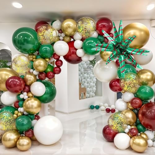 Red and Green Christmas Balloons Kit, Dark Red Green Metallic Gold Confetti Balloon with Christmas Explosion Star Helium Mylar Foil Balloons Set for Xmas New Year Birthday Party Decorations - Image 6