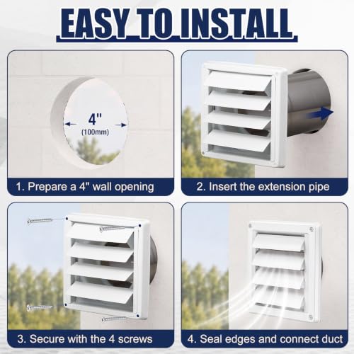 Image of Shimeyao 4 inch Wall Vent Cover Stainless Steel Outside Dryer Vent Covers for House Exhaust Duct Kit with Removable Extension Pipe 8 Inch and 4 Screw for House Outdoor Extended Air Pipe, White