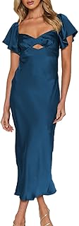 Summer Satin Flutter Sleeve Wedding Guest Dresses for Women Sweetheart Neckline Cutout Tie Back Midi Cocktail Dress - Buy now