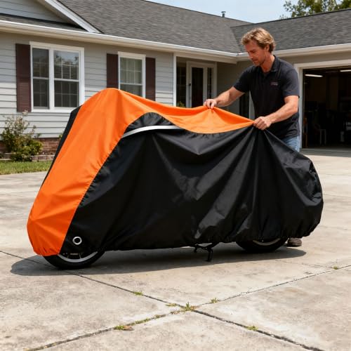 Image of COVERVIN Motorcycle Cover for Harley Davidson Touring Road King Road Glide Electra Glide Street Glide Low Rider-ST Heritage Classic HD Goldwing, All Weather Waterproof Cruiser Cover, Black&Orange