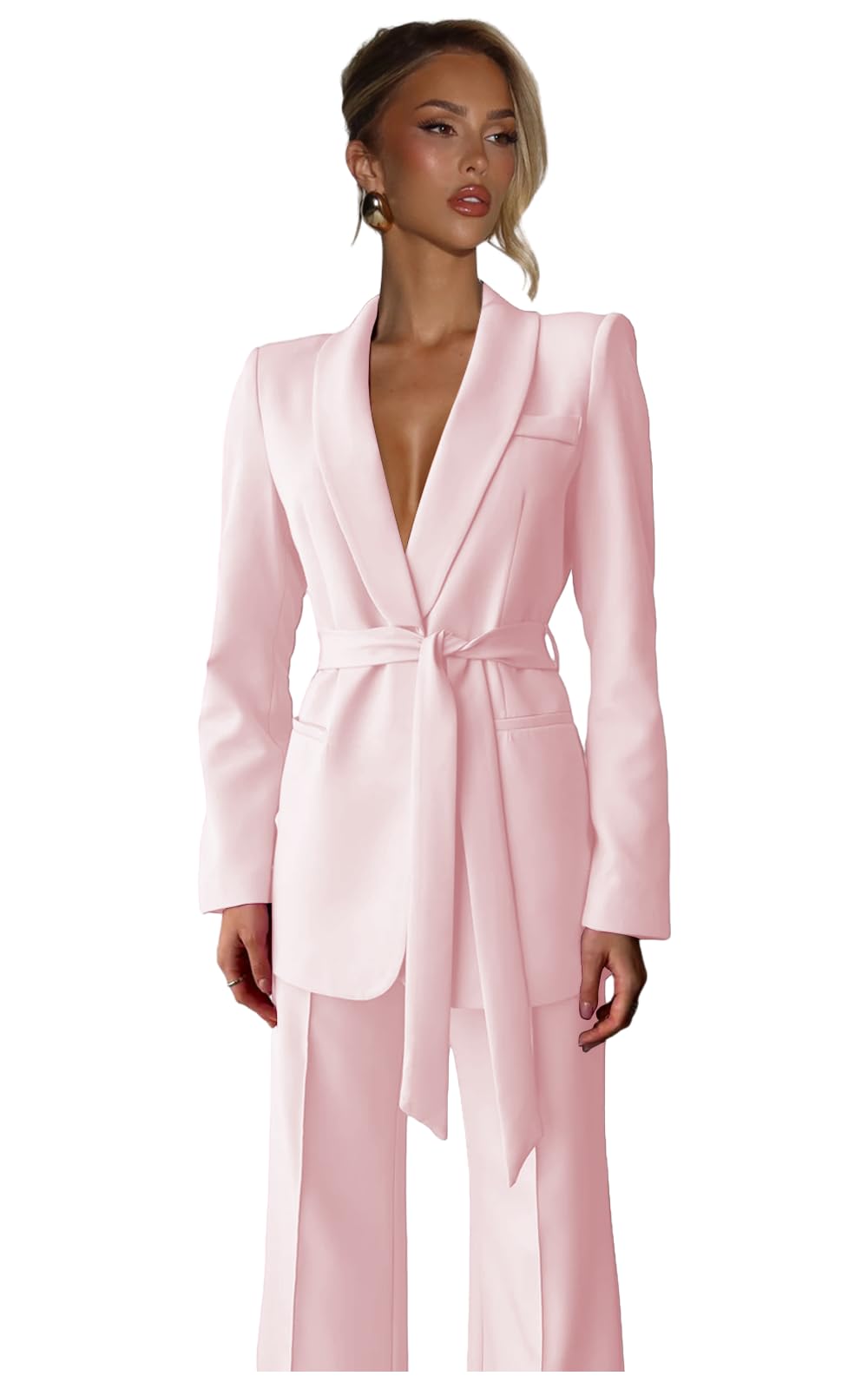 Casual Suits for Women 2 Piece Set with Belt Shawl Lapel Open Front Blazer Fashion Wide Leg Pants