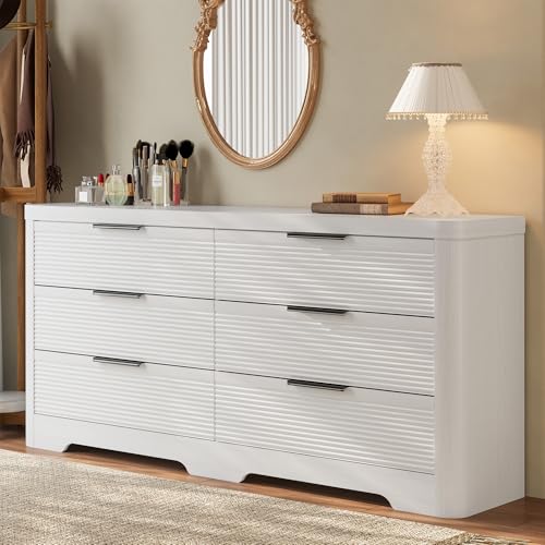 Image of FUSUNBAO Fluted 6 Drawer Dresser, Modern Wood Dresser for Bedroom,TV Stand,Thickened Curved Profile Design,Bedroom,Entryway,Wood Drawer Organizer (White Oak)
