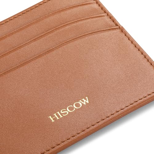 Image of HISCOW Slim Full Grain Leather Card Holder, Cognac | Men's minimalist EDC wallet, front pocket carry, 6 credit card slots & center pocket, fits folded bills, premium gift box