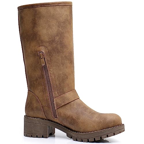 Image of GLOBALWIN Chunky Mid Calf Fashion Dressy Motocycle Biker Military Style Combat Boots for Women Low Heel