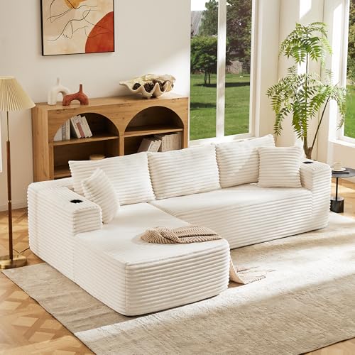 Image of Modular Compressed Sectional Sofa Set - Velvet Corduroy Upholstery, Convertible Couch with Cup Holders and Pillows for Living Room, Beige