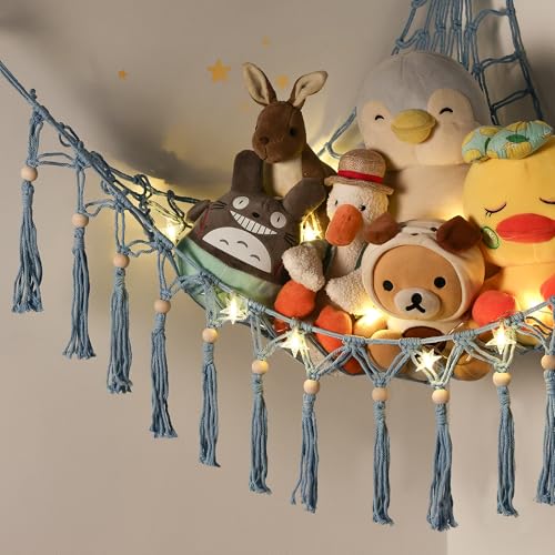 Image of Stuffed Animal Toy Storage Hammock with LED Light-Macrame Jumbo Doll Room Organizer Mesh Decoration-Hanging Storage Nets Kids Bedroom(Blue Beads)