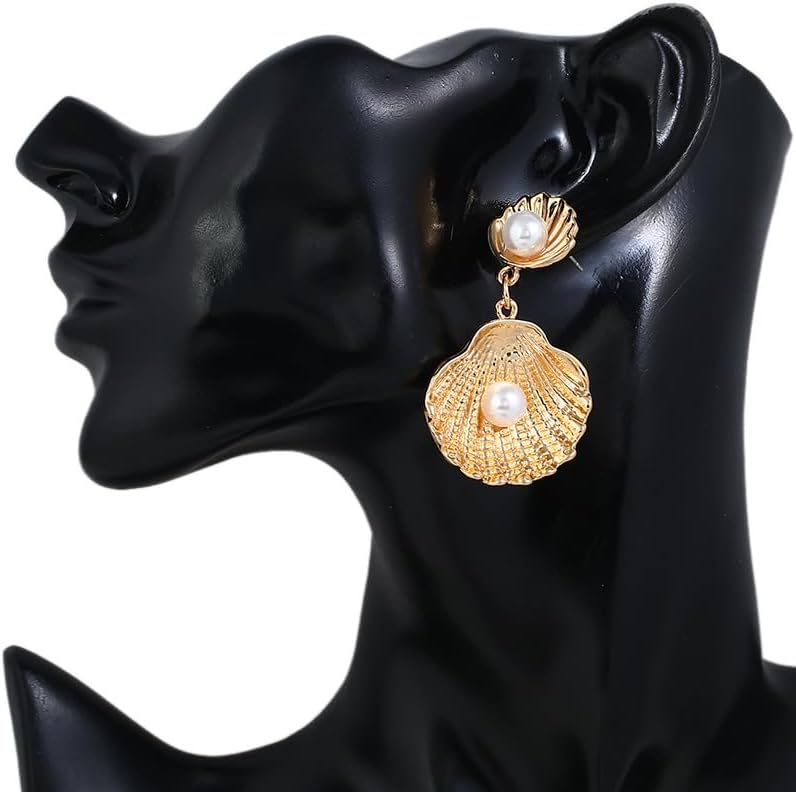 Miniatura 3 de Aretes colgantes de concha de mar de verano, aretes elegantes de sirena de perlas, aretes de cola de playa, concha, festoneada, aretes colgantes de