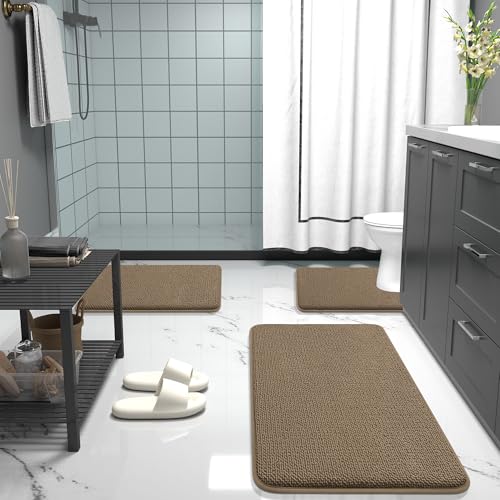 Image of OLANLY Thick Memory Foam Bath Mat Rug 34x21, Extra Soft Absorbent Bathroom Rug, Quick Dry Bath Mats, Non-Slip, Machine Washable Carpet for Bathroom, Tub and Shower, Home Decor Accessories, Tan