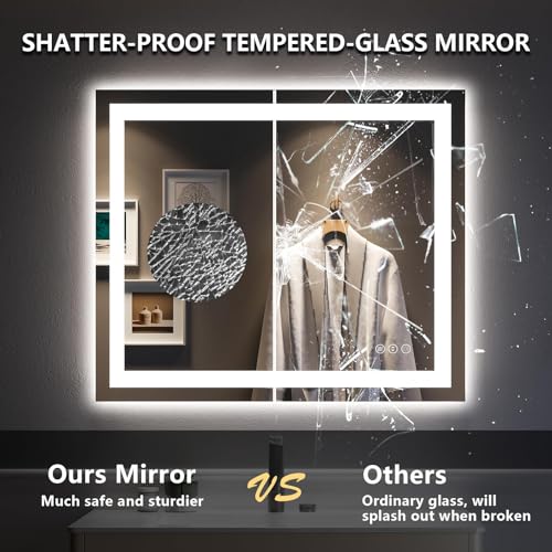 Image of 28x36 Inch LED Bathroom Mirror with Lights Front and Backlit Lighted Vanity Mirror for Bathroom Wall with 3 Colors Dimmable Anti-Fog Memory Shatter-Proof IP54 Waterproof Horizontal /Vertical