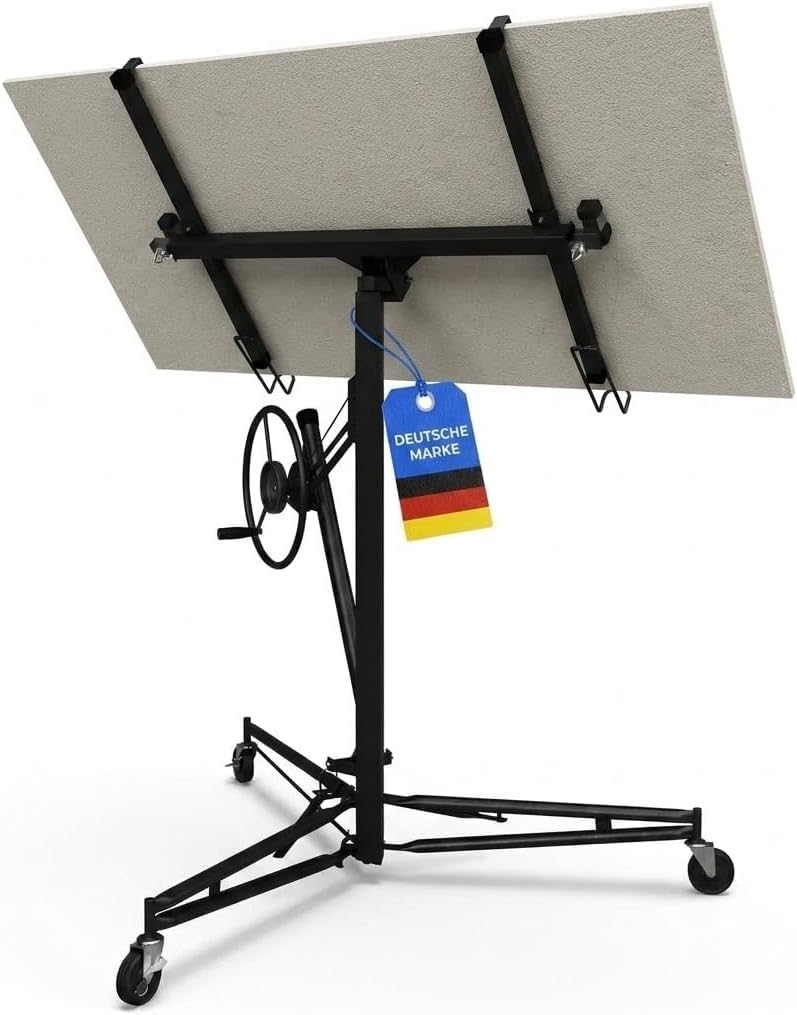 Werkthor XXL Plattenheber bis max. 68 kg - Höhe 140-350 cm - Plattenheber Trockenbau für Rigipsplatten & Gipskartonplatten - Rigips Plattenheber mit 3 Räder & Feststellbremse (Schwarz)