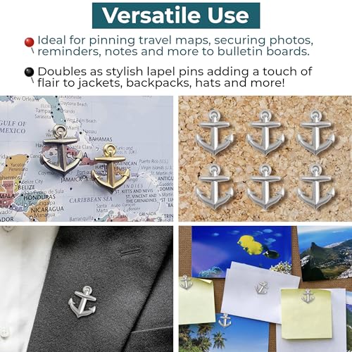 Image of Anchor Push Pins - Silver Metal Anchor Pins - for Cork Board, Maps, or Lapel Pin Use - Designed in USA - Set of 4