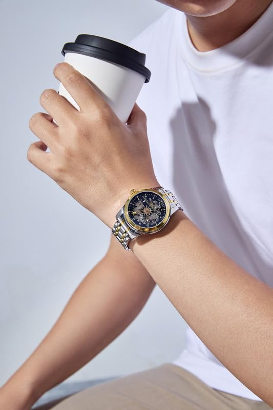 Image of London Fog Richmond Collection Automatic Mechanical Skeleton Watch for Men - Stainless Steel Strap, See-Through Dial, British Design Wristwatch - LFM10024