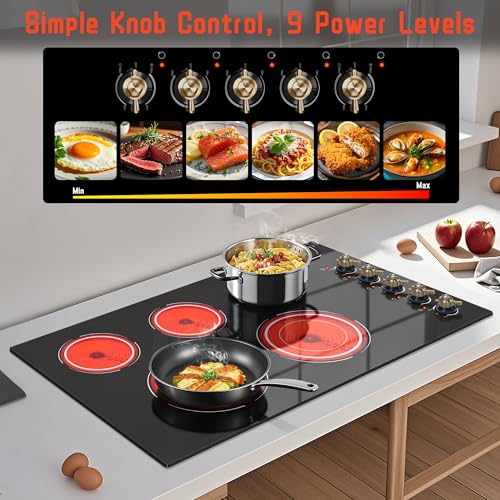 Image of Electric Cooktop 34.25 Inch(Cut-out Size: 34.25 inchx19.3 inch) - 5 Burner Electric Stove Top with 8400W, 36 Inches Built-in Ceramic Stove, Overheat Indicator, Knob Control, 220V - 240V Hard Wired