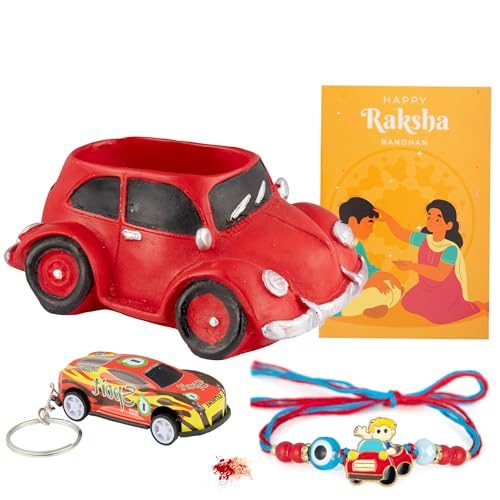 Image of To The Nines Rakhi Gift Set for Kids - Rakhi With Car Planter, Car Key Chain, Tilak Material and Greeting Card