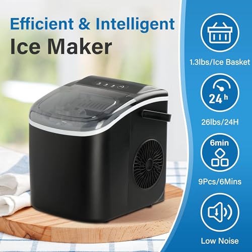 Countertop Ice Maker for Home and Kitchen, 9 Ice Cubes in 6 Mins, 26lbs/24Hrs, Self-Cleaning, Black