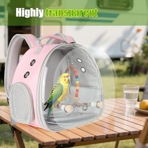Image of Portable Parrot Travel Cage Carrier with Small Swing Toy&Cage Colorful Toys Set Small Bird Parakeet Bag with Standing Perch Bird Carry Transport Bag (Pink, Backpack /Swing)