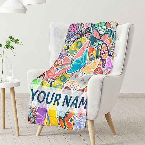 Personalized Butterfly Blanket Gifts with Name - 60"x80" Cute Throw for Women, Girls - Colorful Soft Fuzzy Blankets for Bed, Couch & Living Room
