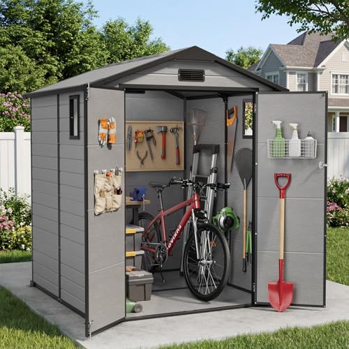 Image of WUKHG 6X6 FT Plastic Storage Shed with Floor, Resin Storage Shed with Drainage Channel & Lockable Door, Outdoor Plastic Sheds Suitable for Bikes, Furniture, Gardening Tools