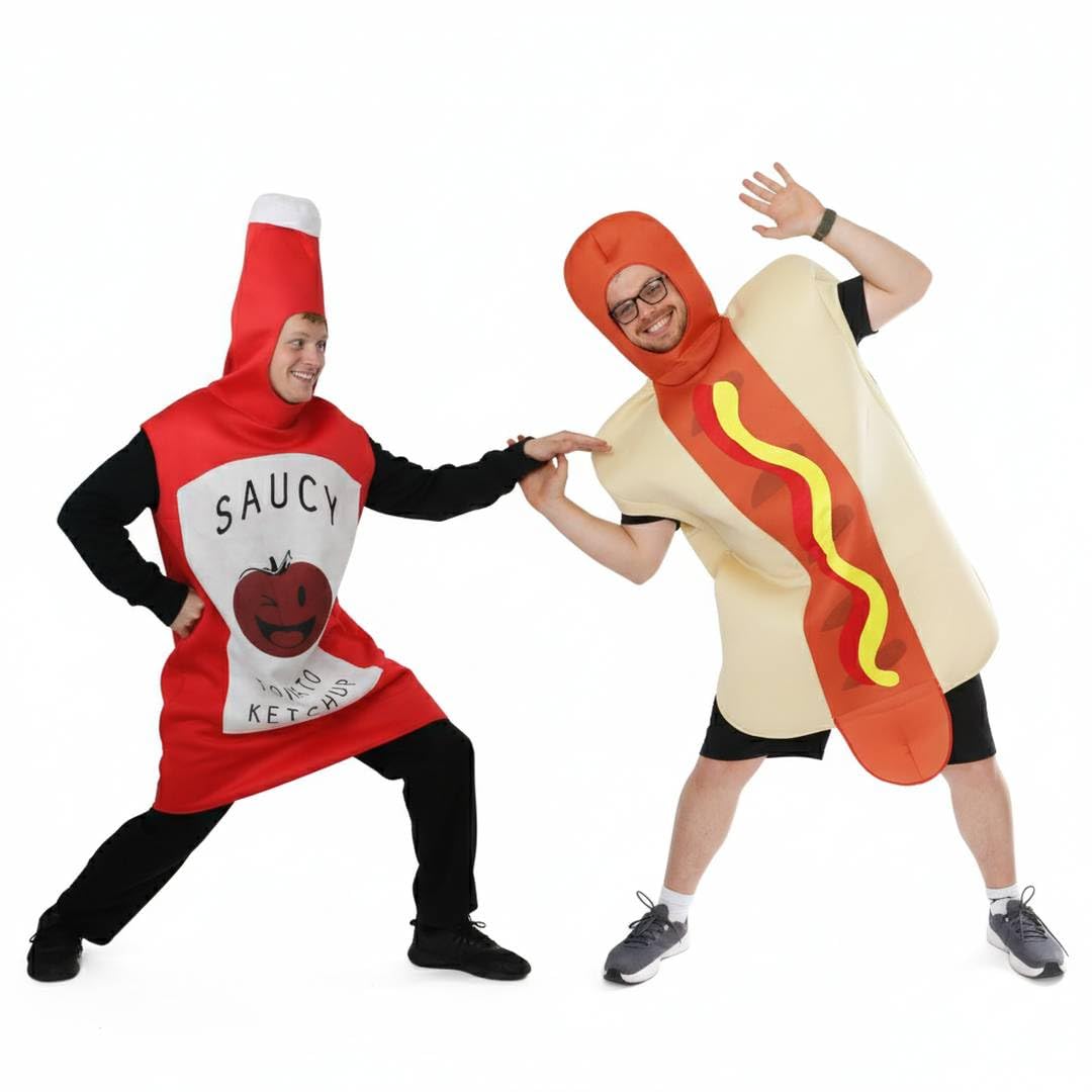 Ketchup and Hot Dog Costume Set – Funny Stag, Duo & Couples Fancy Dress Outfits for Adults – Hilarious Food Costume for Parties, Festivals & Halloween
