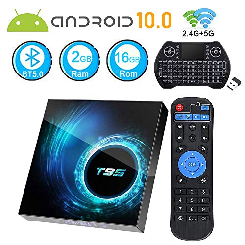 Android TV Box 10.0, Android Box 2GB Ram 16GB ROM Quad Core 64 Bits T95 Media Player Dual WiFi 2.4G/5G Bluetooth 5.0 6K/4K/3D/ H.265 Smart TV Box with Mini Backlit Wireless Keyboard