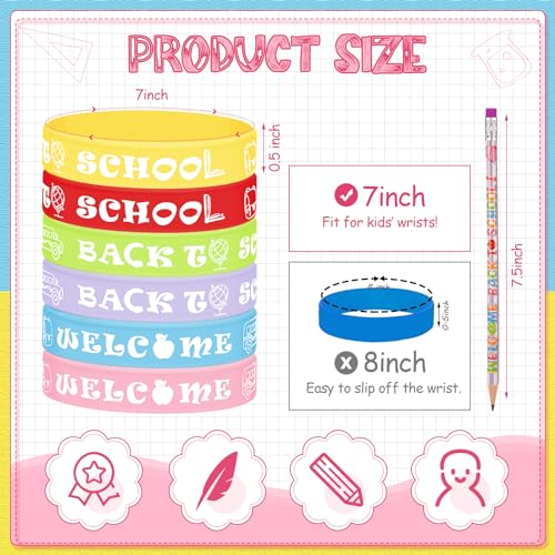 Sabary-48-Pcs-Welcome-Back-to-School-Pencils-Rubber-Bracelets-Back-to-School-Supplies-Set-School-Party-Favors-First-Day-of-School-Gifts-for-Kids-Kindergarten-Students-Teacher-Reward Sabary 48 Pcs Welcome Back to School Pencils Rubber Bracelets Back to School Supplies Set School Party Favors First Day of School Gifts for Kids Kindergarten Students Teacher Reward