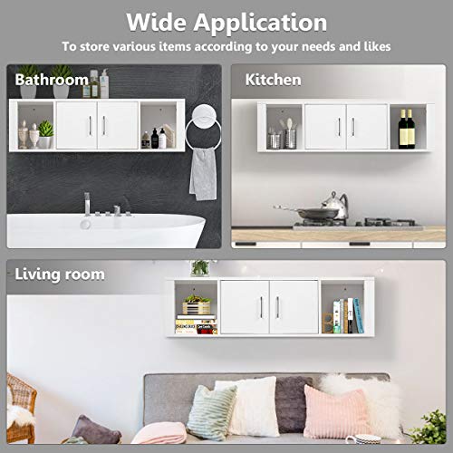 Giantex Wall Mounted Storage Cabinet 2 Cube Floating Media Hanging Desk W/2 Doors And 2 Open Shelves, Home Office Furniture For Kitchen, Bathroom, Living Room Floating Console Hutch (White) #TOP1