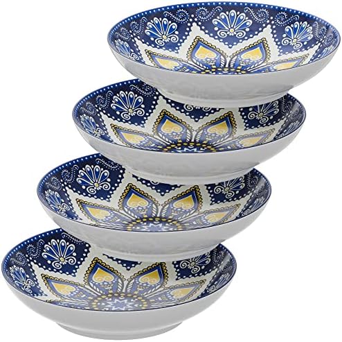 American Atelier Pasta Bowls | Set of 4 | Large, 9-inch, Dinner Serving Plates | Wide and Shallow Bowls Set for Pasta, Salad, Soup, Spaghetti, Stews, or Cereal | Blue & Yellow Medallion Motif