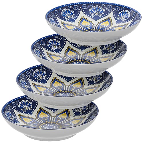 American Atelier Pasta Bowls | Set Of 4 | Large, 9-Inch, Dinner Serving Plates | Wide And Shallow Bowls Set For Pasta, Salad, Soup, Spaghetti, Stews, Or Cereal | Blue & Yellow Medallion Motif #TOP16