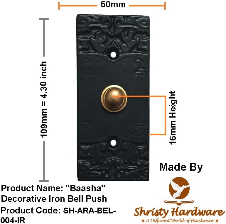 Shristy Hardware Baasha Decorative Iron Bell Push Or Push Button – (Pack of 1 Black Powder Coated Finish)