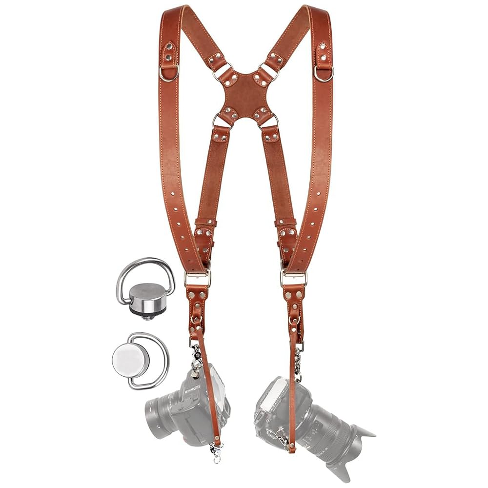 Dual Camera Leather Strap Adjustable DSLR/SLR Camera Strap Dual Shoulder Camera Harness Accessories for Two Cameras Multi Camera Gear for Photographers |Quick Release, Universal Fit