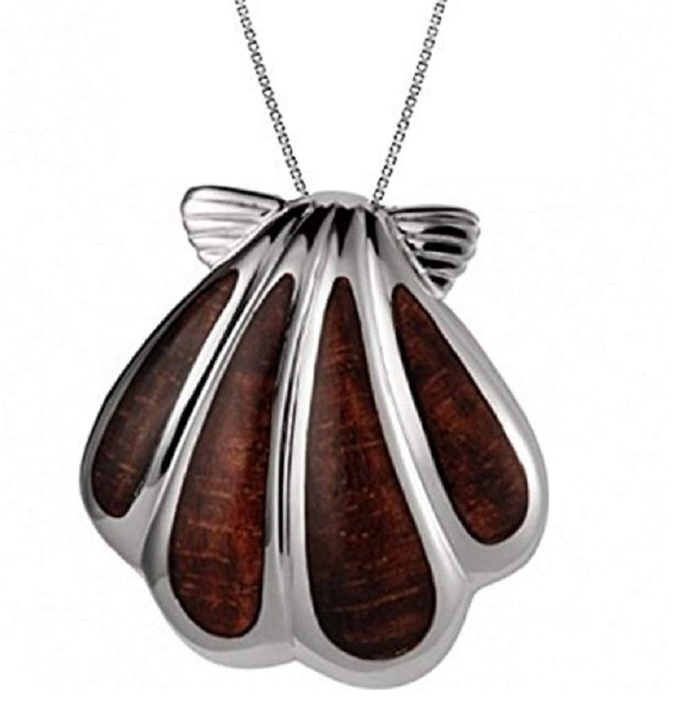 Sterling Silver Koa Wood Sunrise Shell Necklace Pendant with 18" Box Chain