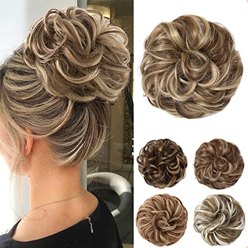 JJstar Chignon Postiche Cheveux Grande Postiches Bouclés Ondulés Chouchou Cheveux Naturel Faux Chignon Elastique pour Femmes Fille (Brunette et Blond Cendré)