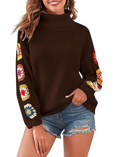 Image of ZAFUL Flower Crochet Turtleneck Sweater for Women Pullover Puff Long Sleeve Boho Knit Sweaters Trendy Knitwear Tops