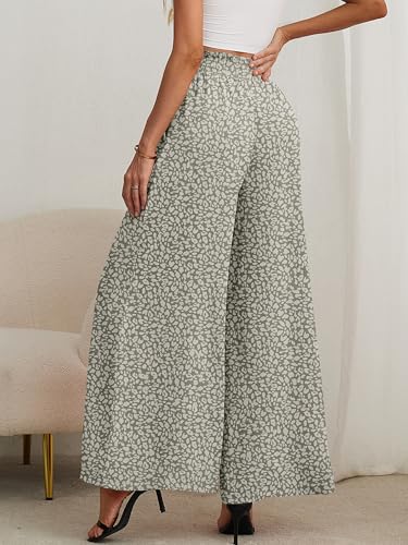 AusLook Women's Wide Leg Dress Pants with Pockets Spots Medium Lightweight Elastic High Waisted Adjustable Tie Knot Flowy Loose Slacks Lounge Casual Ladies Beach Pleated Trousers — view 5
