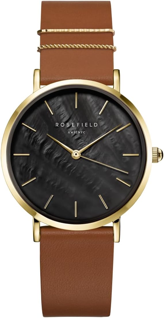 West Village Black Cognac with Black Dial and 33 mm Gold Case WBCLG-W96 Leather, Cognac & Gold