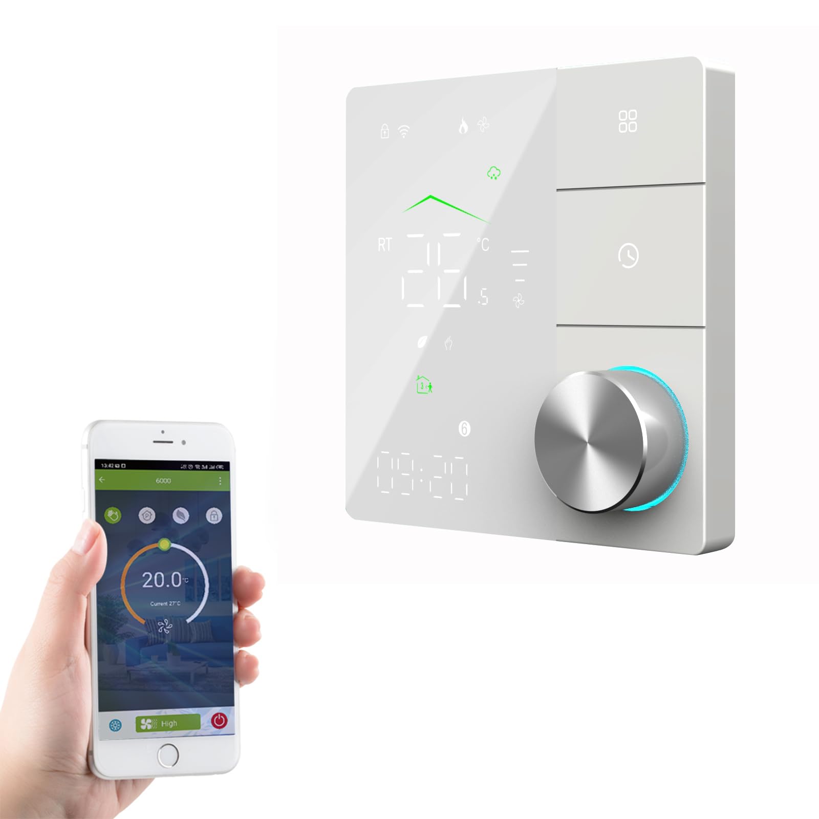 Inteligentny przycisk termostatu z wyświetlaczem LED, programowanie tygodniowe 5+1+1, współpracuje z Alexa i Google Home, do indywidualnego ogrzewania kotła gazowego/wody, 5 A 95 ~ 240 V