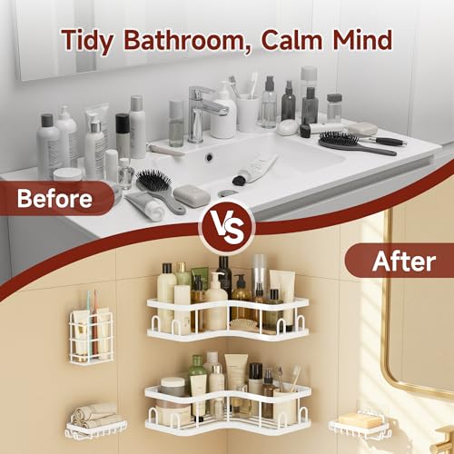 Image of Veken Corner Shower Caddy 3-Pack, Advanced Rustproof Design&Stable Storage | No Drilling Adhesive Shelves, Rack with Soap Holder & Hooks, Thickened Metal Frame, Bathroom Organizers and Storage, White