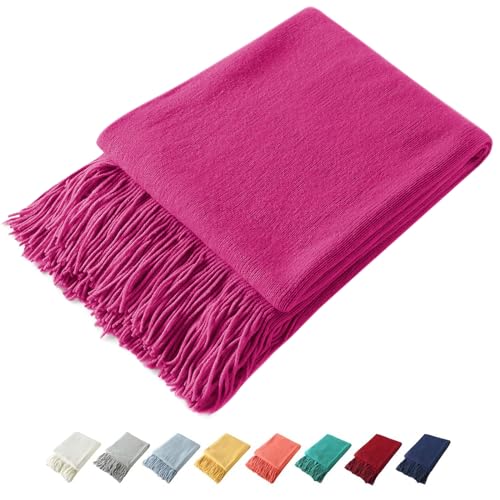Homiest Decorative Knitted Throw with Fringe Lightweight Acrylic Knit Blanket Soft & Cozy Tassel for Couch Sofa Bed (Dark Pink 50 x 60 Inch)